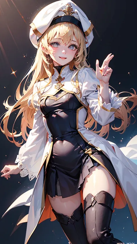 aapri, long hair, white headwear, small breasts, white dress, puffy sleeves, long sleeves, pelvic curtain, thighhighs, thigh boots,blonde hair,slender,smile,pray,masterpiece,Noise Reduction,perfect anatomy,high resolution, ultra-detailed, ultra-detailed fa...