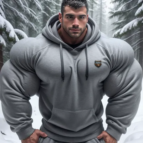 a very handsome and muscular man, wearing a gray sweatshirt, in a snowy forest, snowing covered in snow, seen up close, bara