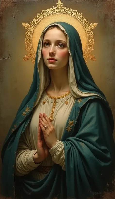 a beautiful detailed portrait of the virgin mary, glowing halo, renaissance oil painting, religious art, faded colors, cracked texture, masterpiece, hyperrealistic, photorealistic, dramatic lighting, chiaroscuro, intricate details, classical composition, o...