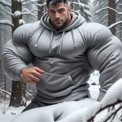 a very handsome and muscular man, wearing a gray sweatshirt, in a snowy forest, snowing covered in snow, seen up close, bara