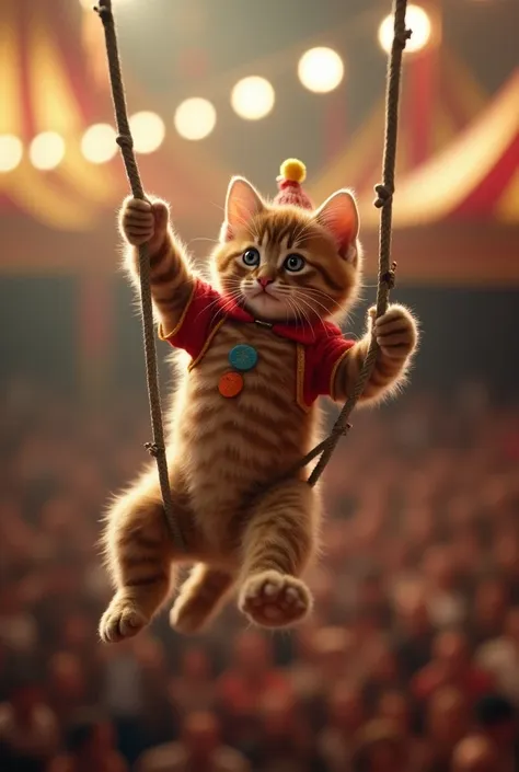 The cutest brown tiger pattern kitten in the world dressed as a clown is on the trapeze、Popular circus 、A large audience、Applause、Realistic、 dynamic poses