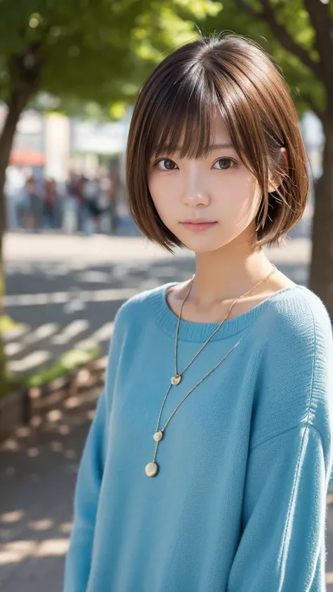 ((masterpiece)), ((photo realistic)), ((highest quality)), (slender Japanese girl), puffy face, broad jawline,big beady eyes, (no make up:1.3), (flat chest:1.1), light brown hair, (messy hair:1.2), very short hair, casual knit,しかめっ面, tearful face, troubled...