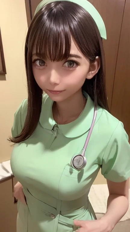 (light green nurse uniform、Stethoscope、Name tag)、 1 21-year-old girl 、Bob Hair、Brown Hair、Medium breast、Slender body、 Tight Stomach Circumference 、Abundant Waist 、Long legs、Hospital corridor、 standing、Masterpiece:1.3、Photo quality、Best Quality、 Detailed De...