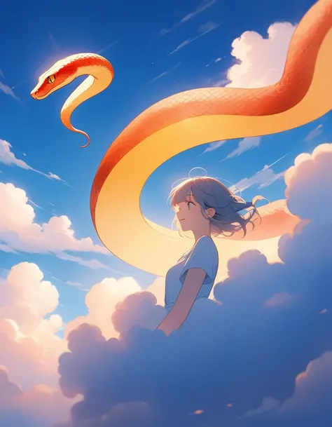 masterpiece,  best quality ,  movie still,  1 girl,Personification,Snake, Floating in the sky, cloud girl, cloud, (close:1.1), bright, happy, fun,  soft lighting , (Bauhaus, shape, OK, Abstract:1.1)