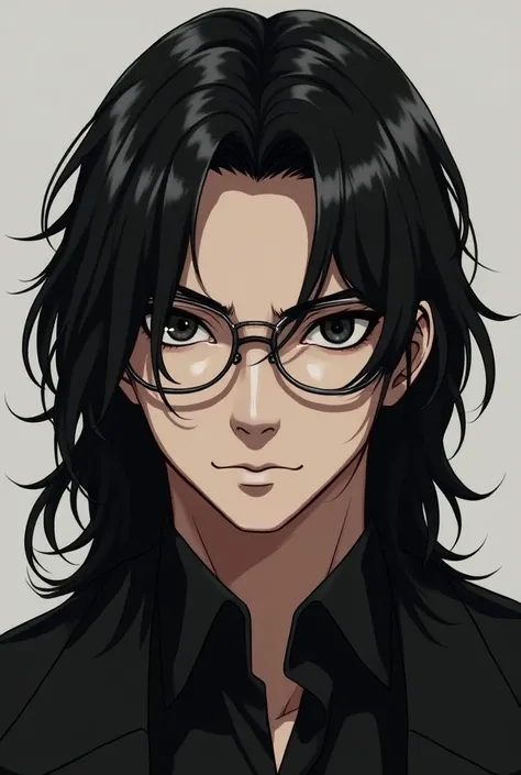 anime style, high quality, 1boy, solo, very long black hair, masculine face, glasses, upper body, looking at viewer