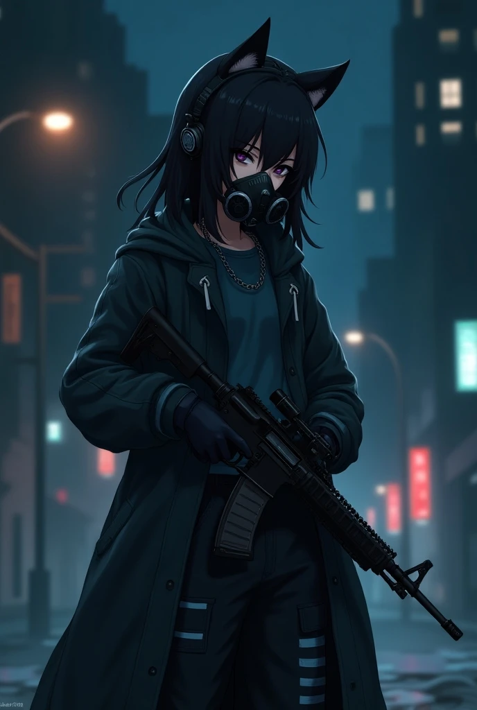  Cyberpunk, hooded long coat with gray lines on a black base {x}, long t-shirt with light blue marks on a black base , cargo pants with white marks on a black base , medium hair, gaming headphones with cat ears , holding an assault rifle with both hands ,A...