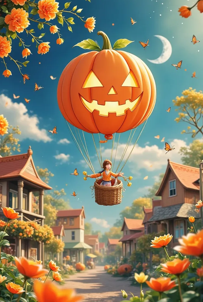 panorama, anime style, halloween, a pumpkin-shaped hydrogen balloon flying in the sky, halloween city below, lots of candy falli...