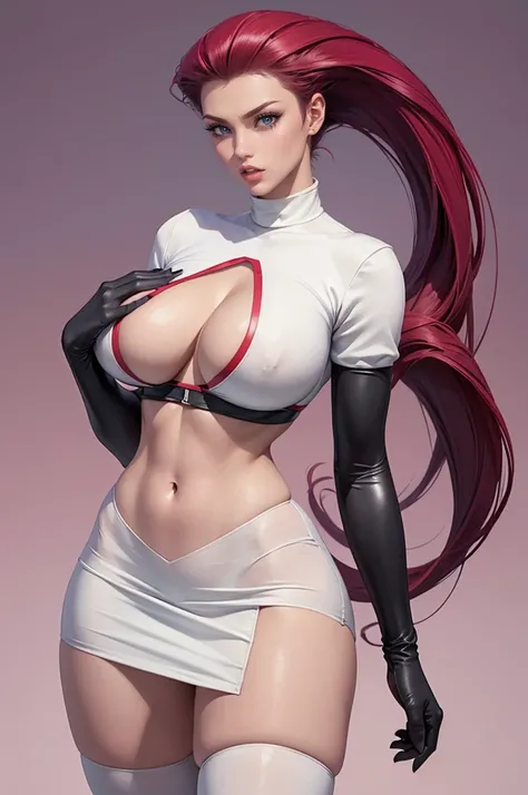 gorgeous girl in sexy standing, ((hair slicked back, long hair,)), large blue eyes, red lip gloss, perfect body, (((big breasts))), team rocket ,team rocket uniform ,white skirt,crop top,thighhighs,elbow gloves, masterpiece, highres, ((plain background:1.3...