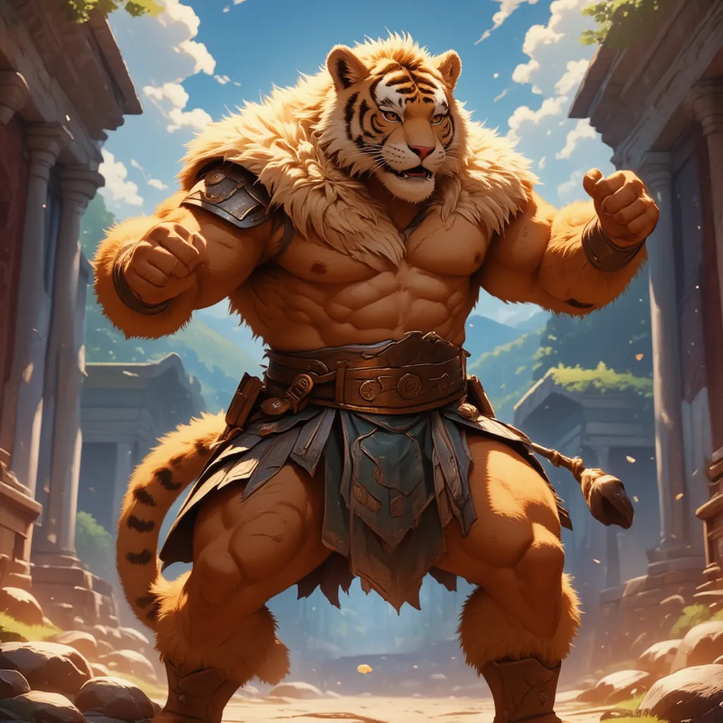 character focus, full body, looking away, various angle, european fantasy, gladiator, a muscular middle-aged tiger man, clothed,...