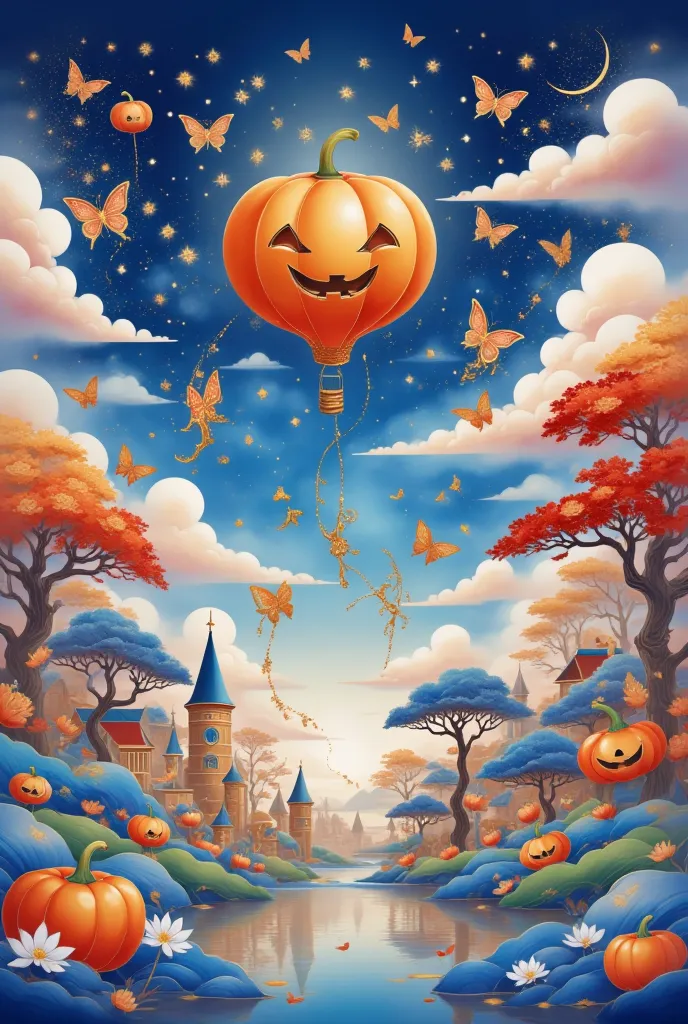 panorama, anime style, halloween, a pumpkin-shaped hydrogen balloon flying in the sky, halloween city below, lots of candy falli...