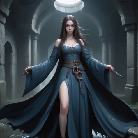 最high quality, high quality, Long Hair, wet hair, flat chest, Dark underground labyrinth, No light, Tentacles inside a medieval long dress,  Equipped with a dagger and a shield, tentacles go inside the dress  ,Hold down the skirt,