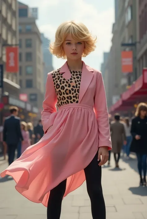  Create an imen of a boy dressed as a girl wearing a pink long sleeve dress and black tights, with leopard print and blonde wig on the street 