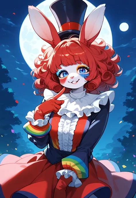 score_9, score_8_up, score_7_up, score_6_up, score_5_up, score_4_up, source_cartoon, best quality, amazing quality, very aesthetic, absurdres, 1girl, (furry, kemono:1.3), rabbit, rabbit girl, rabbit ears, clown, hat, gloves, neck ruff, top hat, facepaint, smile, night, solo, long sleeves, afro, red hair, makeup, looking at viewer, red gloves, outdoors, moon, spotlight, curly hair, frills, multicolored clothes, polka dot, jester, blue eyes, full moon,