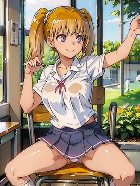 ((masterpiece)), (( best quality )), (Detailed eyes, detailed panties ),  (8k),  1 girl, High school girl、Bouncing Boobs、 white panties are visible:1.5、 pleated skirt 、Do the splits、 sit on a chair、 loose socks、 Blonde Twin Tails 、School、smile、