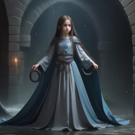 最high quality, high quality, ８Year old girl、Long Hair, wet hair, flat chest, Dark underground labyrinth, No light, Tentacles inside a medieval long dress,  Equipped with a dagger and a shield, tentacles go inside the dress  ,Hold down the skirt,