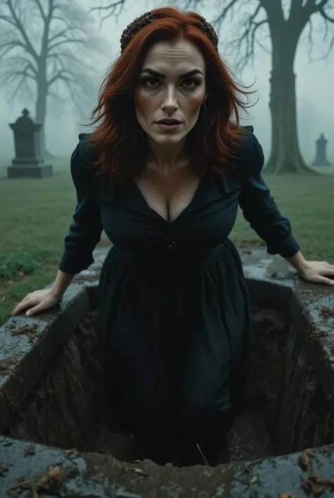 photorealistic, cinematic style, a foggy cemetary. open grave. a woman is climbing out of the grave. she is a mature beautiful b...