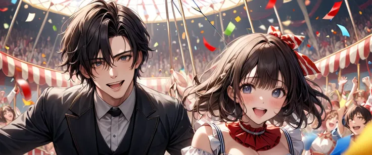 portrait of a couple doing a tightrope walking show at the circus , handsome dark-haired man acting as a clown ･asuka, asukaはクラウ...