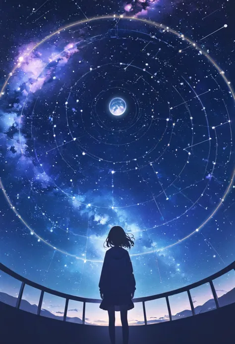 ((pastel))、One woman,Under the night sky,Like a planetarium,constellation, planetarium,Connect , seen from afar, moving scene 