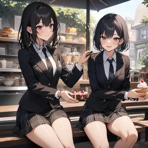 (Highest quality), (masterpiece), (super detailed), (perfect anatomy), (perfect hands), (Two high school girls)、smile,(Small breasts:1.5),Beautiful dark eyes、Short black hair、blazer、 Black Normal Necktie 、 black plaid miniskirt、Eat cake、Outdoor seating in ...