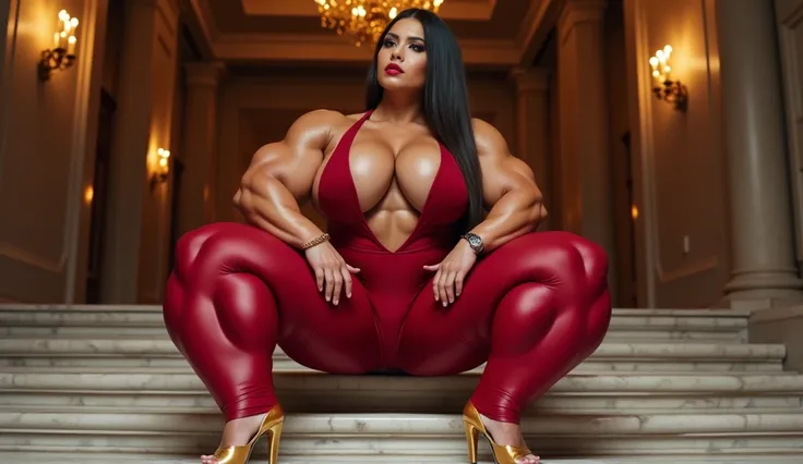 muscular woman, with colossal arms and legs packed with massive, bulging muscles, her biceps and thighs far exceeding those of e...