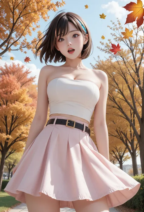 score_9, score_8_up, score_7_up, score_6_up, 1 beautiful girl, 25 years old, perfect face, looking at viewer, cute,dark eyes, bob cut, inverted bob, streaked hair, floating hair,big breast,cleavage,sexy tube top,pink sexy skirt, belt, petticoat, autumn, au...