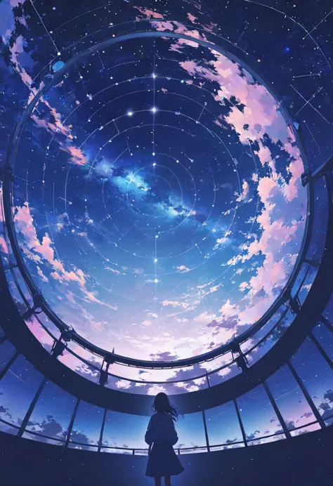 ((pastel))、 1 woman,Under the night sky,Like a planetarium,constellation, planetarium,Connect , seen from afar, moving scene 