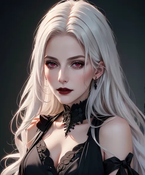 Realistic Portrait, Elegant mature woman (1 female), with red eyes, white hair, long hair, focus on face, close up shot, cleavage, gothic black dress, only upper body, up to waist, soft light, high detail, 4k resolution, high quality, beautiful CG