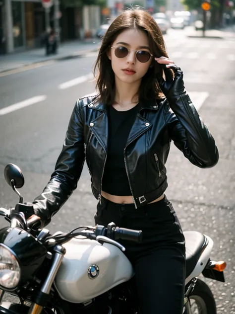 SFW, A beautiful woman, (1girl, solo, 23yo), stunning, (medium wavy dark-haired), (pale skin:1.2), wears (Rayban Aviator Sunglasses, leather jacket, leather gloves, leather pants), Riding a BMW heavy motorcycle on the road, (eyes to camera, looking at viewer), messy hair, (Wide shot), UHD, masterpiece, textured skin, super detail, high details, best quality, highres, 16k, epiC35mm