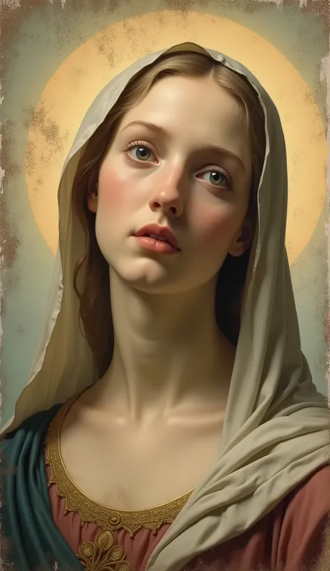  beautiful Virgin Mary 。Halo。Oil painting by Raffaello Santi, Religious paintings, The color is fading, Its cracked