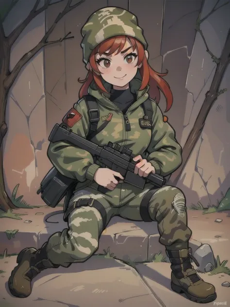 girl with a smile and red hair, with a camouflage jacket, camouflage balaclava, camouflage pants and army boots.