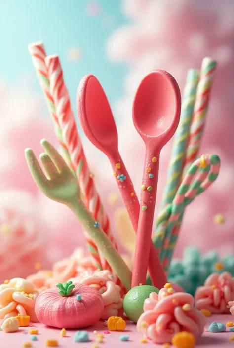 Picture of utensils and straws made with candy or caramel for different colored desserts