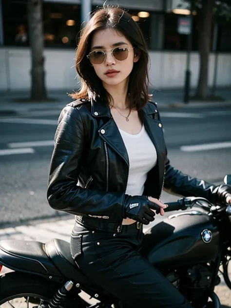 sfw, a beautiful woman, (1girl, solo, 23yo), stunning, (medium wavy dark-haired), (pale skin:1.2), wears (rayban aviator sunglas...