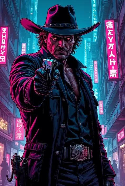 comic book style, illustration, manga, cinematic style, (anime hand drawn style), cyberpunk cybernetic man cowboy pointing at gu...