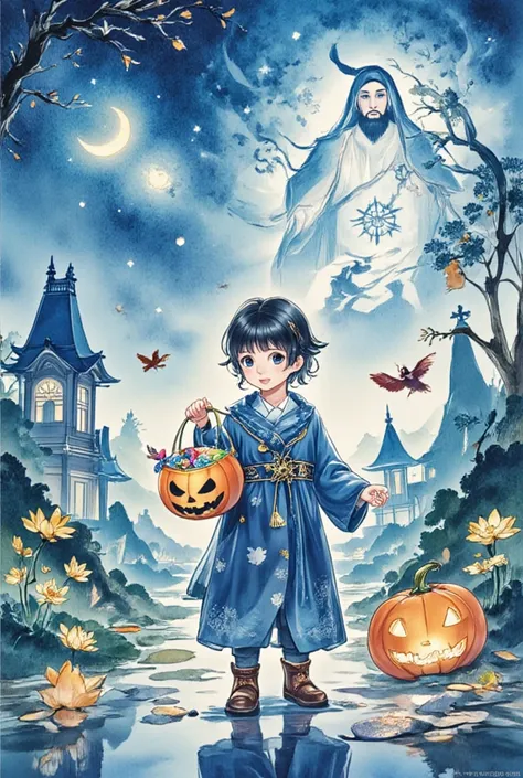 title, "   scary cute halloween  ! halloween art style ，halloween theme，cartoon anime illustration  ：  child ，   holding a pumpk...