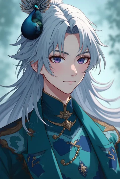 Full body image, handsome protagonist xianxia,long silver hair dark blue navy eyes((make eyes like reality)), immortal appearance,on side hair is peacock accesories,calm and cool aura, clothes appearance like how appearance of beautiful peacock, combinatio...