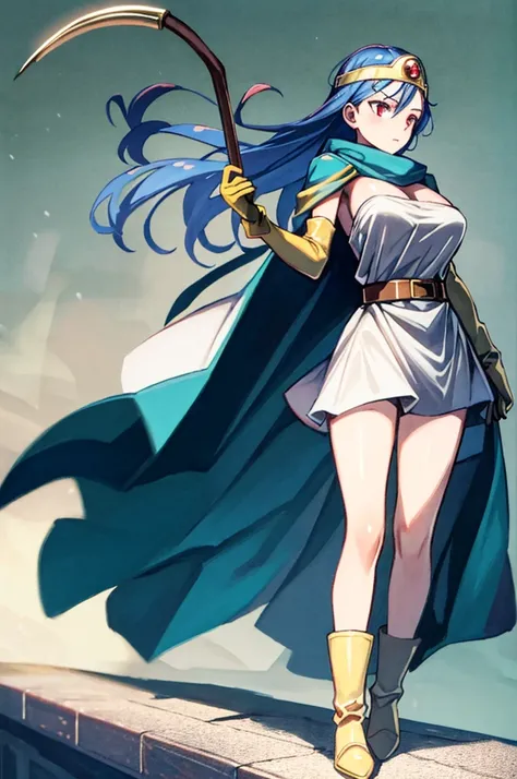 masterpiece,  best quality , Super detailed, Illustration, _(dq3),  1 girl, (holding staff, staff:1.3), Alone, Long Hair,  blue hair ,  circlet, Red eyes, Large Breasts, yellow gloves, White Dress, belt, Cape, boots,  clevis, Shoulder Bare,  underwear,  st...