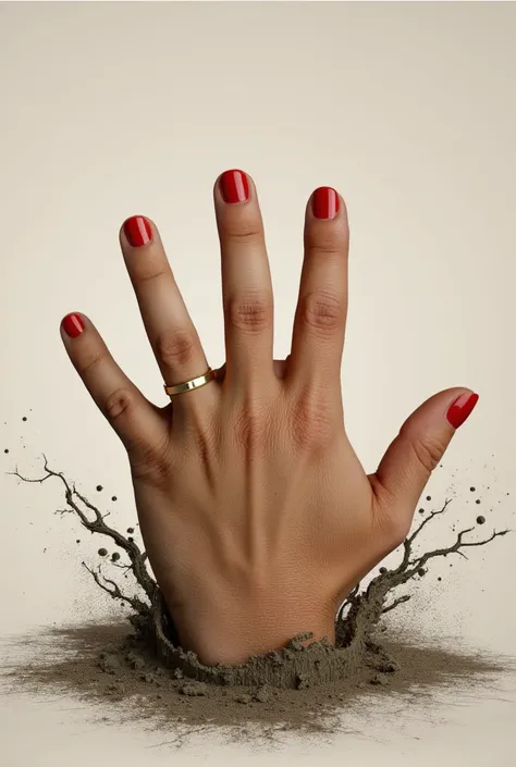 h4nd, perfect hand pointing the viewer, red nail polish, golden ring, emerging from the mud, pianting brush strokes, pencil, ske...