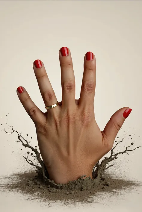 h4nd, perfect hand pointing the viewer, red nail polish, golden ring, emerging from the mud, pianting brush strokes, pencil, ske...