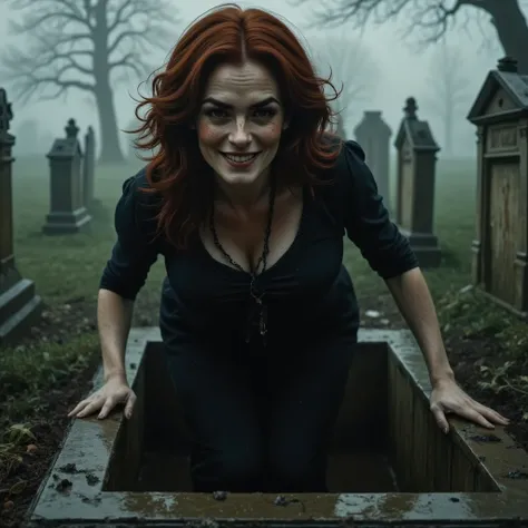 photorealistic, cinematic style, a foggy cemetary. open grave. a woman is climbing out of the grave. her legs are hidden from th...