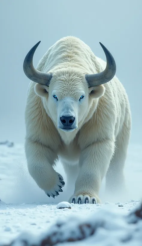 Amidst the frozen tundra, a polar bear-bull hybrid dominates the landscape. Its massive body covered in white fur contrasts with the massive horns that protrude from its head. The brute strength of the bull is reflected in its muscles, while the polar bear...