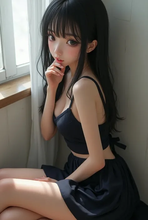 18 years old, japanese girl, face in pleasure, goth_lolita, red lips, skinny, side view, above view, great breasts, nice butt, large hips, defined tighs, high socks, collegial dress, vagina,  perfect feets, whiteness wall background, masterpiece, High qual...