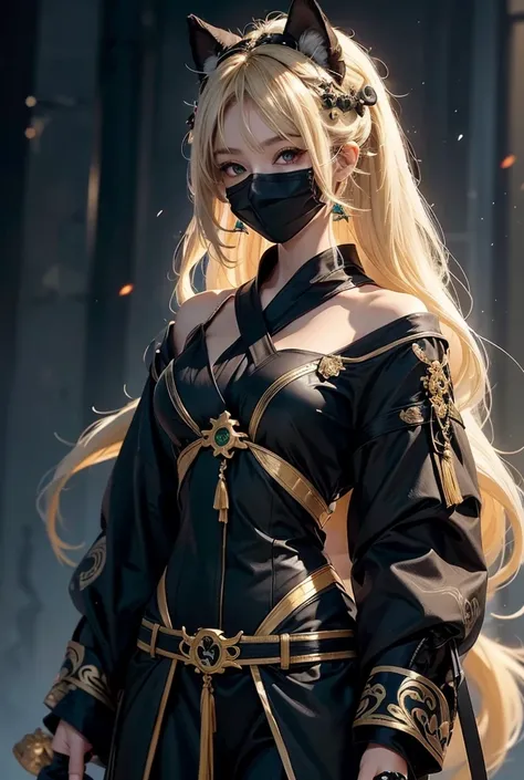 Beautiful black anime woman as a ninja black outfit, green design and silver different details what the hood different Chi elements summing any other Yokai spirits animals cool awesome different masks Blonde Hair, Hair Crew Cut, 