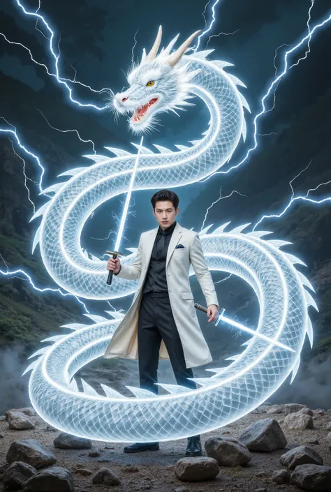 can you create a bleach-style swordsman, all the lines are lightning , tạo ra hình con rồng sấm sét ??? like he is in the dragons head , The body has no texture , the dragon is entirely composed of lightning , The swordsman is one person , his sword emi...