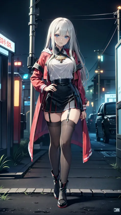 (8k， Obla Prima ， of the highest quality and best， hyper detail ，Realistically)，  Highly Detailed Face ，Cinema Lighting， ray tracing， hair disappeared ，  cloudy street ，Bright Street，Corner Store，Staircase station ， heavy rain and heavy rain ， girl with long pink hair and dark eyes ， he laughed a lot ， she's wearing a red hooded jacket，Wearing a hood，white collar blouse， black short skirt and black garter belt ， martin boots，Rain-soaked clothes， black exposure ，Outdoor campsites ，
