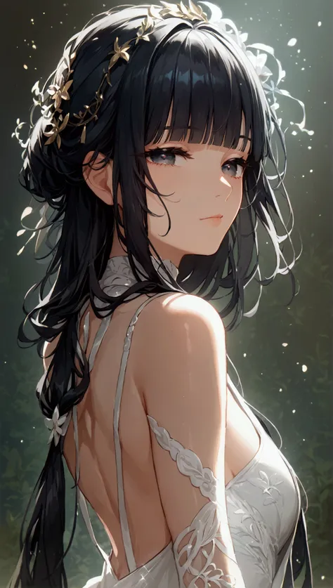 score_9, score_8_up, score_7_up, masterpiece, ultra-detailed, pretty eyes, Anime Style, nsfw, long hair, hime cut, black hair, half Closed Eyes, white backless dress, Simple background, full body shot, standing