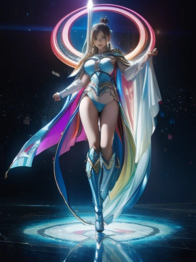  (8k), ( repay: 1.2), (Realistic), (Realistic: 1.37),    ultra-fine  , 1 person, cute, smile,   Beautiful Details , narrow, (Large Breasts), RAINBOW CAPE  , Rainbow Sword,   MARINE BLUE HEAVY ARMOR    ,    transparent    ,  Sexy muscular female body, whole...