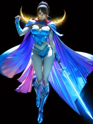  (8k), ( in exchange : 1.2), (Realistic), (Realistic: 1.37),  super high definition , 1 person, cute, smile,  Beautiful Details , narrow, (Large Breasts), RAINBOW CAPE , Rainbow Sword,  MARINE BLUE HEAVY ARMOR  ,  transparent  ,  SEXY MUSCULAR WOMAN BODY, ...