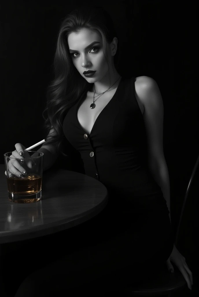 Black and white background, Decadent Western hip beauty ,  with a cigarette in her mouth and a glass of whiskey in one hand, Sitting at the bar