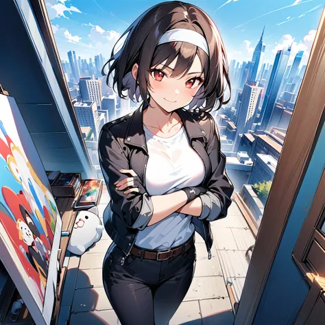 masterpiece, top quality, illustration, one person, mascot, standing, ((girl painting on canvas)), ((painting with brush)), smiling, black hair , short cut, ((black jacket with rolled up arms)), ((white headband)), open jacket, white t-shirt ((brown belt, ...