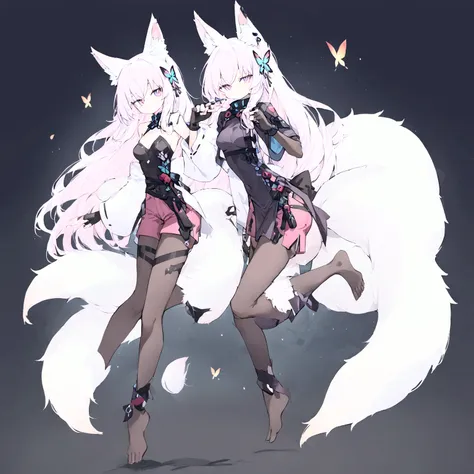 female characters, fox girl, fire fox, whole body, furry ears, white long hair, purple inner hair, white slit pupils, night sky,...